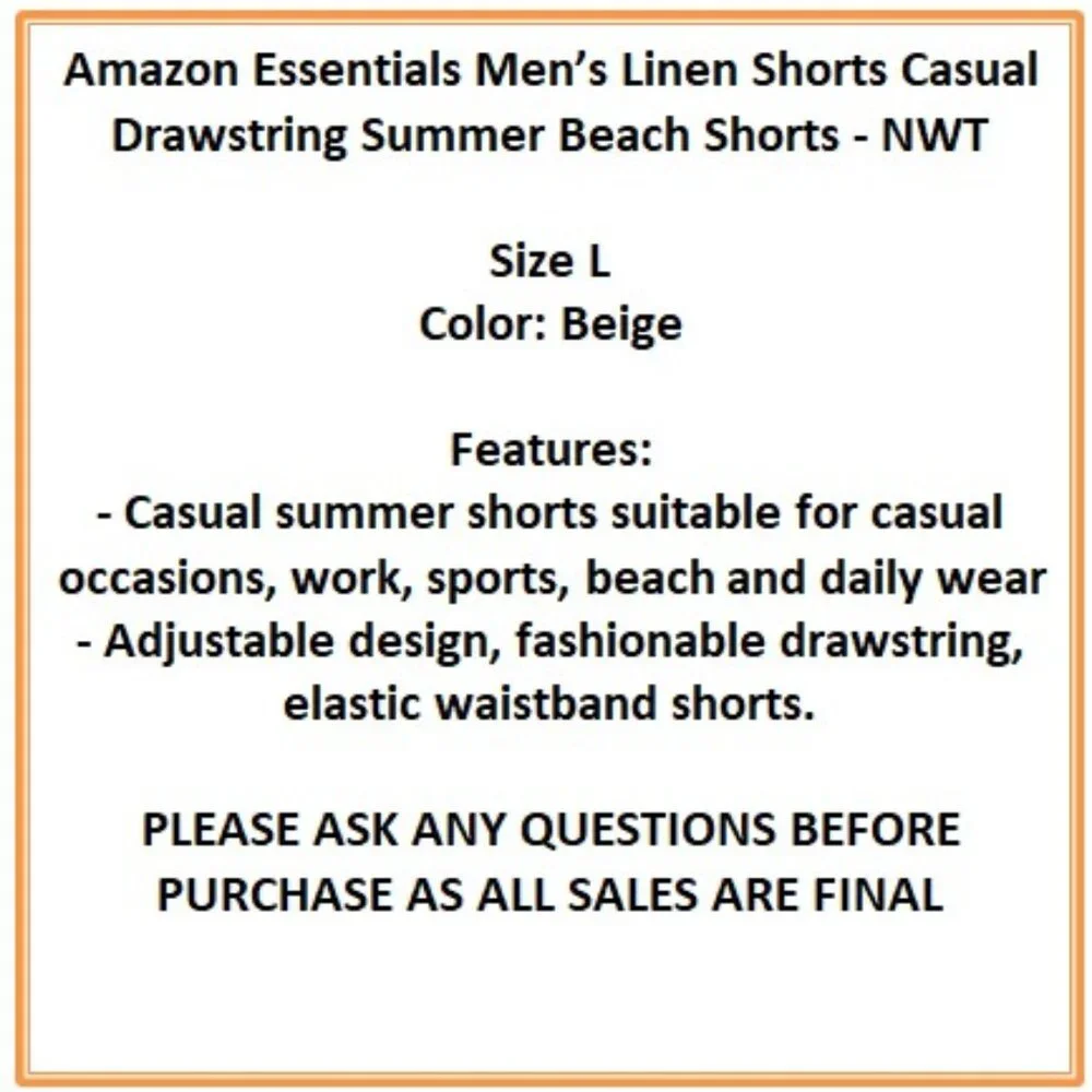 Amazon Essentials Men’s Linen Shorts Casual Drawstring Summer Beach Shorts-NWT